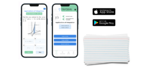 Two smartphones displaying the 'I Aced Calculus' app interface, one showing a sample calculus problem and the other the app's home screen, alongside logos for App Store and Google Play, and a stack of index cards.
