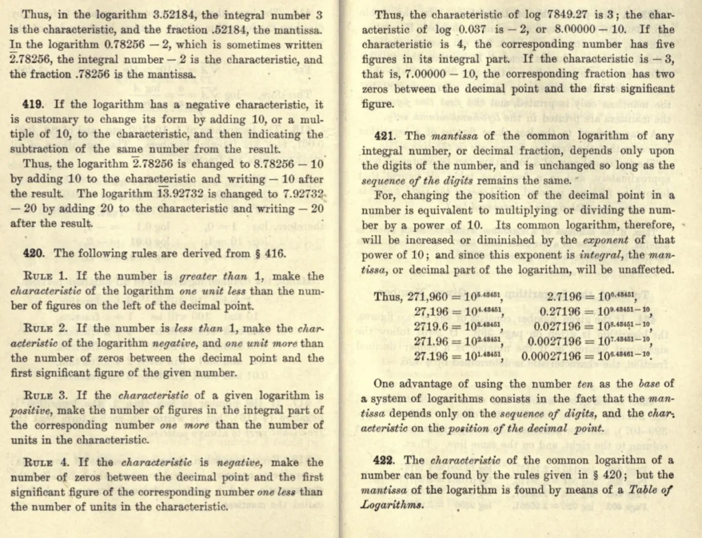 Scanned textbook page showing rules and examples for finding the characteristic and mantissa of a logarithm, from an early 1900s math textbook