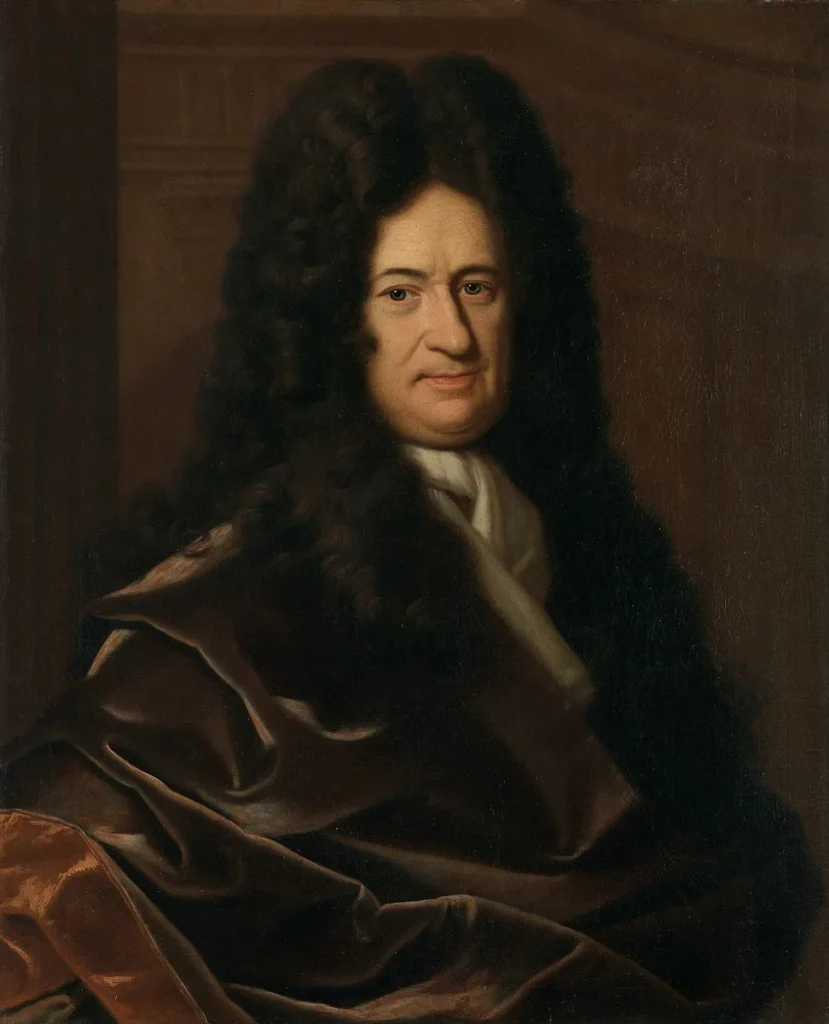Oil portrait of Gottfried Wilhelm Leibniz wearing a large dark curly wig and a brown draped robe