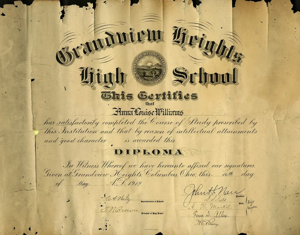 Aged high school diploma from Grandview Heights High School in Columbus, Ohio, dated 1919, awarded to Anna Louise Williams