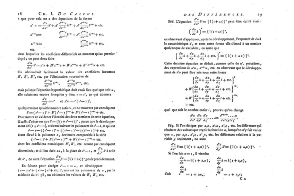 Scanned pages from Lacroix's Traité du calcul différentiel et du calcul intégral showing advanced calculus formulas and equations in French