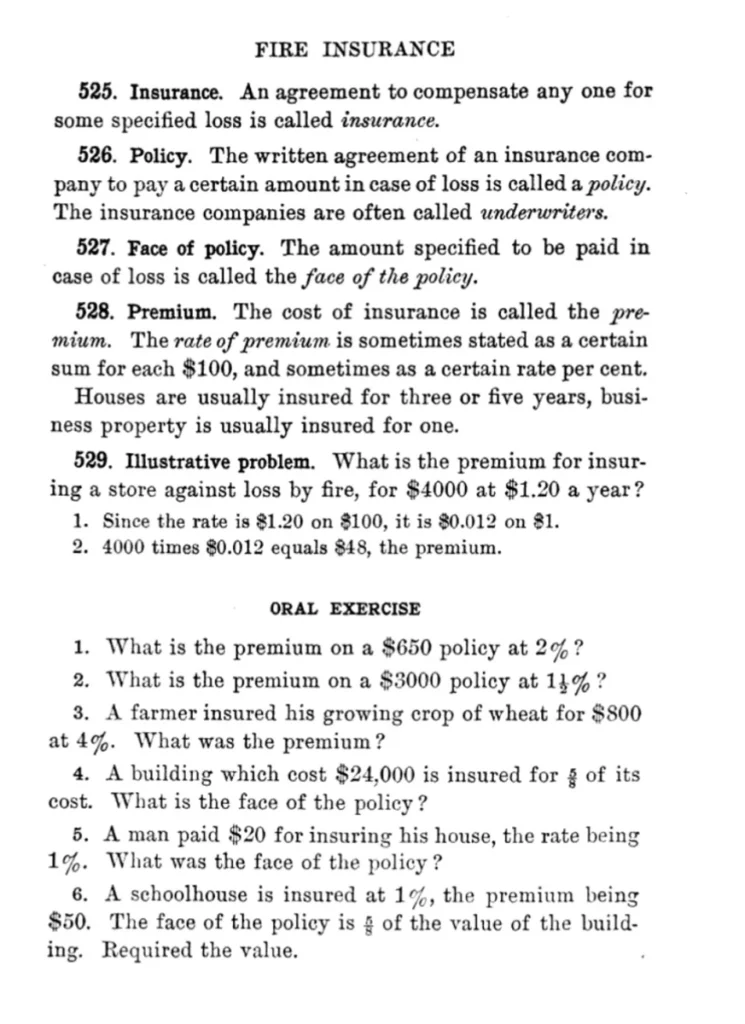 Textbook page from David Eugene Smith's Practical Arithmetic showing a Fire Insurance lesson with definitions and word problems