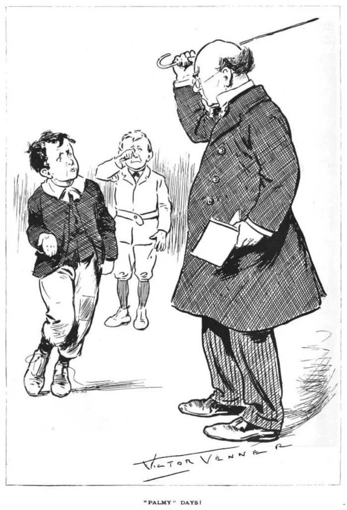 Black-and-white cartoon illustration captioned "Palmy Days" showing a schoolmaster raising a cane over two boys, depicting corporal punishment in early 1900s schools