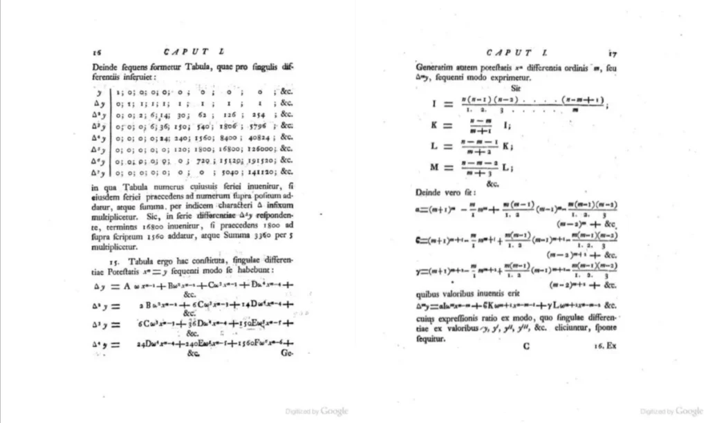 Scanned pages from Euler's Institutiones calculi differentialis showing difference tables and differential calculus formulas in Latin