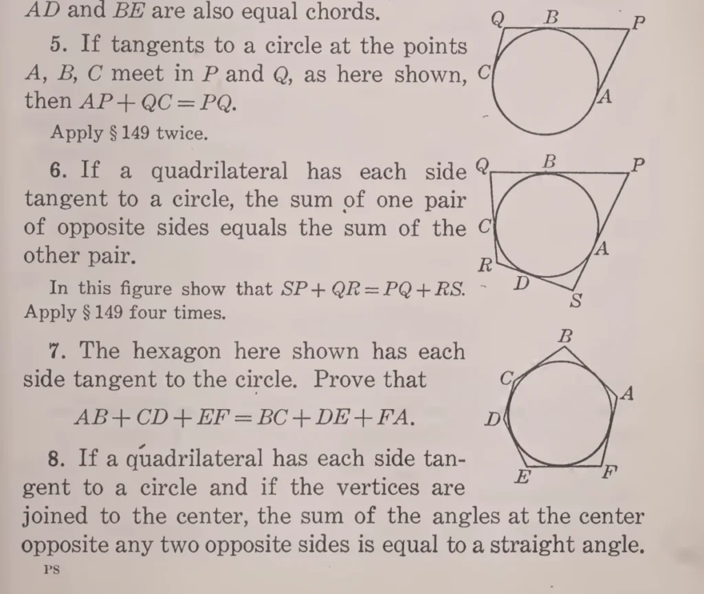 Textbook page from Essentials of Plane and Solid Geometry by David Eugene Smith (1923) showing circle tangent proof problems with geometric diagrams