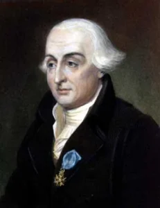 Color portrait of Joseph-Louis Lagrange with white powdered hair and a blue medal on his lapel